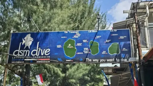 A dive site map on a sign in the Gili Islands, a popular side trip from Bali, showing dive locations like Shark Point and Turtle City, representing the detailed travel guides available.
