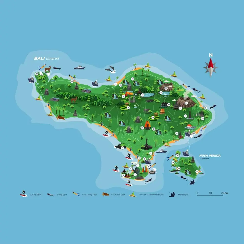 An illustrated map of Bali and Nusa Penida showing key points of interest for travelers, including numbered destinations, temples, waterfalls, volcanoes, and icons for surfing and diving spots.
