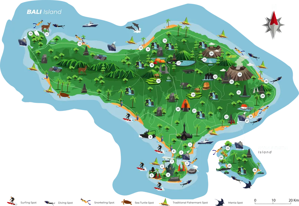 An illustrated map of Bali and Nusa Penida showing key points of interest for travelers, including numbered destinations, temples, waterfalls, volcanoes, and icons for surfing and diving spots.
