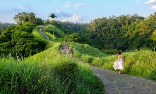 A woman in a white dress and straw hat walks along the stone path of the Campuhan Ridge Walk in Ubud, Bali, surrounded by lush green grass and jungle valleys.