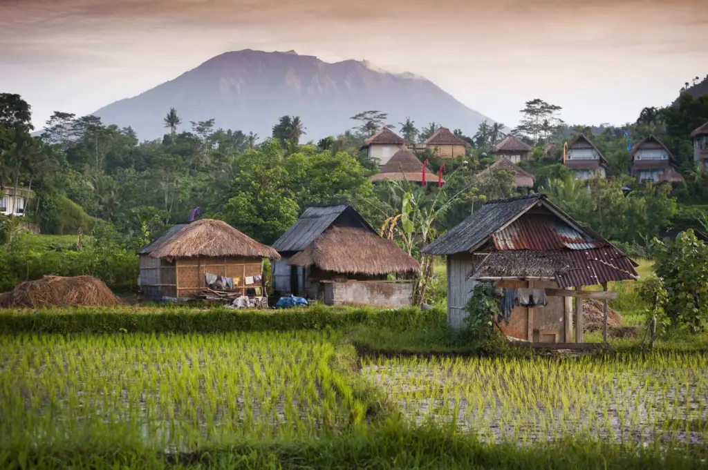 Traditional houses and rice fields in Sidemen Bali with Mount Agung in the background